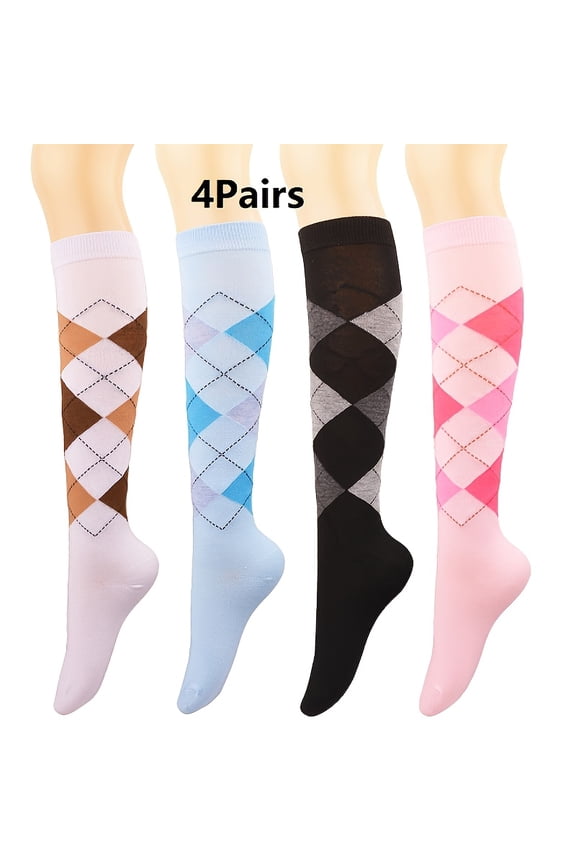 4-Pair Pack of Women's Comfortable Diamond Pattern Calf Socks - Suitable for all seasons, outdoor casual warm gift socks, contrasting diamond pattern, soft and stretchy fabric, reinforced toe, durabl