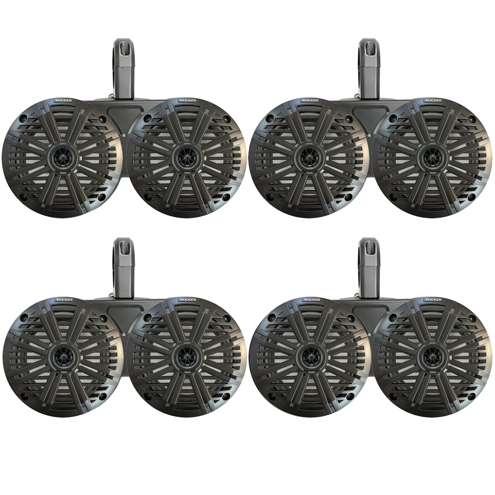 4 Pair (QTY 8) of Kicker 6.5" 2-Way 195 Watts Max Power Coaxial Marine Audio Speakers with Charcoal Salt Water Grilles, 6.5" Marine Tower Dual Speaker Enclosures (2 Pair) - Black