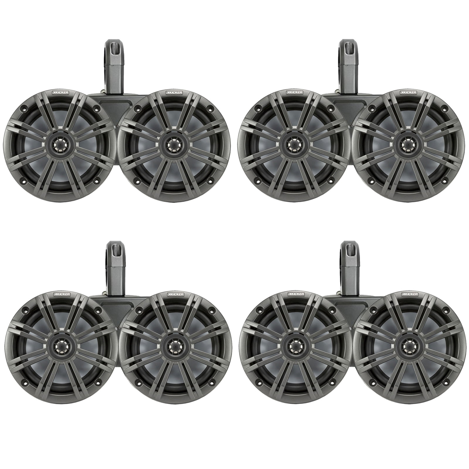 4 Pair (QTY 8) of Kicker 6.5" 2-Way 195 Watts Peak Power Coaxial Marine Audio Speakers with Charcoal Grilles, 6.5" Marine Tower Dual Speaker Enclosures (2 Pair) - Black