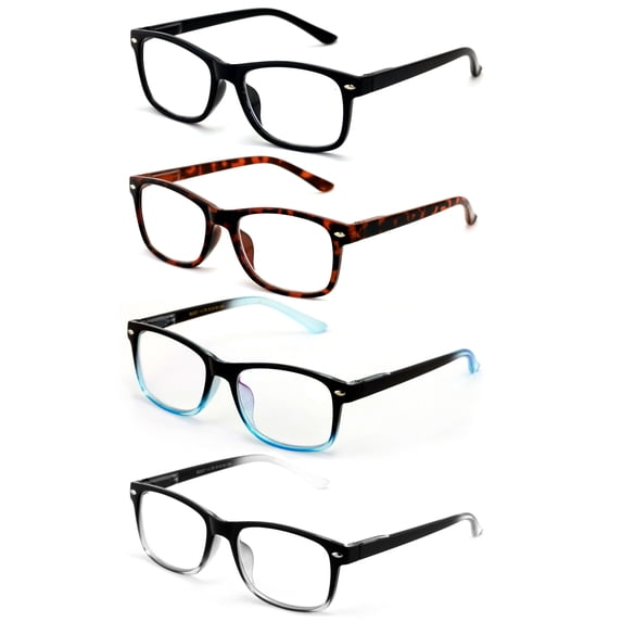 4 Pair Reading Glasses Men Women - Comfortable Modern Rectangular Readers with Spring Hinge +2.00