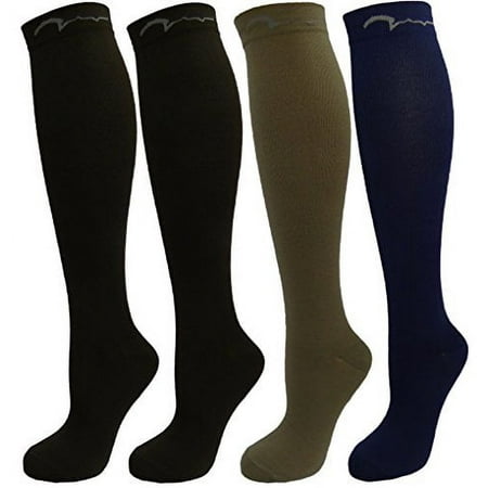 4 Pair Small Extra Soft Assorted Compression Socks, Moderate/Medium Graduated Compression 15-20 mmHg, for Men and Women. Nurses, Running, Travel & Flight Knee-High. 1 Navy, 1 Khaki, 2 Black