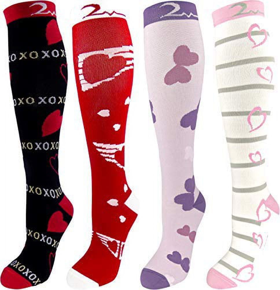 4 Pair Small/Medium Extra Soft Colorful Moderate Graduated Compression Socks 15-20 mmHg. Knee-High Mens & Womens Comfort Blend. Romantic Heart Designs