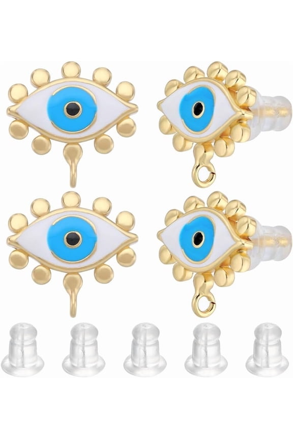 4 Pair Stud Earring Findings 18K Gold Plated Enamel Blue Eye Ear Pin Post Loop Components with Ear Nuts Earring