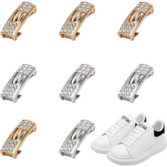 4 Pair Tieless Shoelace Buckle No Tie Shoe Laces Bling Rhinestone Locks 1.1x0.4x0.3inches Light Gold Platinum Alloy No Tie Flat Shoelaces for Women's Sneakers for DIY