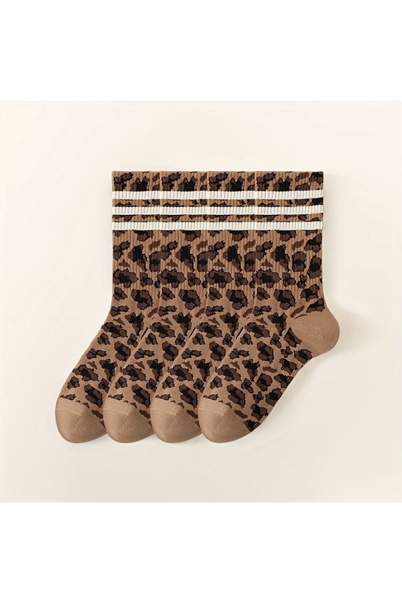 4-Pair Women's Leopard Print Striped Mid-Calf Socks - Soft and breathable, suitable for all seasons. Coffee brown with beige and black accents, stylish, casual, and formal. Machine washable. Cute soc