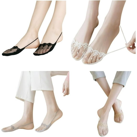 4 Pair Womens Low Cut Socks Slingback Half-Palm No Show Sock with Sling and Lace Invisible Half Toe Topper Liner Covers for Heels