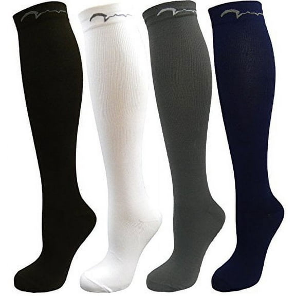4 PairExtra Soft Assorted Compression Socks, Moderate/Medium Graduated Compression 15-20 mmHg, for Men and Women. Nurses, Running, Travel & Flight Knee-High. Black, Navy, Grey & White.