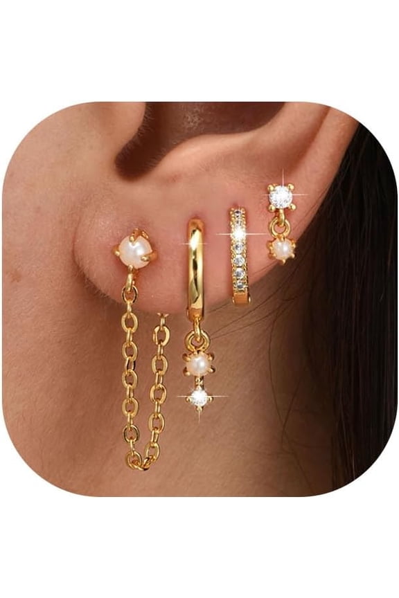 4 Pairs 14K Gold Plated Stud Earrings for Women, Hypoallergenic Cartilage Earrings for Multiple Piercing, Dainty Small Stackable Earrings Set for Jewelry Gift
