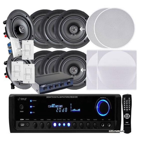 4 Pairs of 150 W 5.25 in. In - WallIn - Ceiling Stereo White Speakers 300 W Digital Home Stereo Receiver USBSDAUX Input, Remote 4 Channel High Power Stereo Speaker Selector & 4 Volume Controls