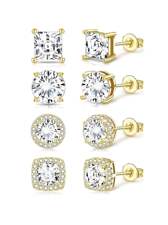 4 Pairs 18K White Gold Plated Halo Stud Earrings for Women Men CZ Hypoallergenic Post S925 Sterling Silver Earrings Set Birthday Christmas Jewelry Gifts Mom Boyfriend Adults Stocking Stuffers