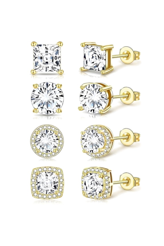 4 Pairs 18K White Gold Plated Halo Stud Earrings for Women Men CZ Hypoallergenic Post S925 Sterling Silver Earrings Set Birthday Christmas Jewelry Gifts Mom Boyfriend Adults Stocking Stuffers