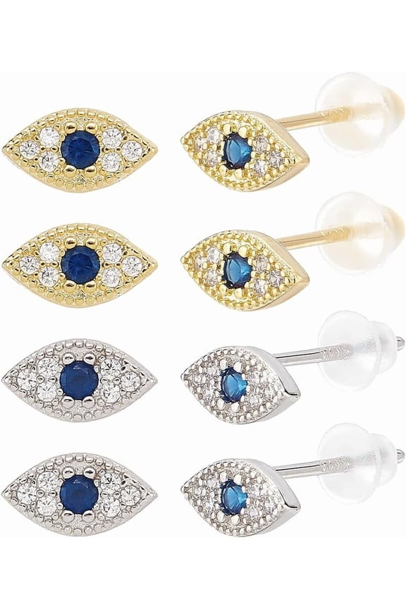 4 Pairs 2 Colors Blue Cubic Zirconia Evil Eye Tiny Stud Earrings 925 Sterling Silver Jewelry for Women Mixed Color 4x7mm Pin: 0.7mm 2pairs/color