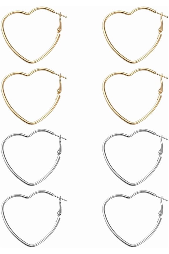 4 Pairs 2 Colors Iron Hoop Earrings Heart Mixed Color 53x53mm 2 pairs/color for DIY