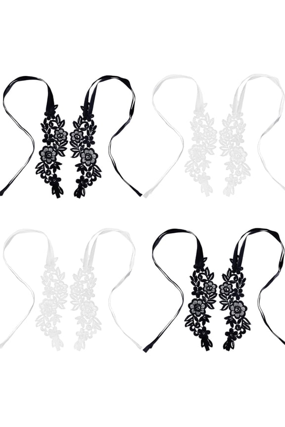 4 Pairs 2 Colors Sexy Lace Embroidery Anklet with Toe Ring Floral Barefoot Sandals Foot Jewelry Black & White