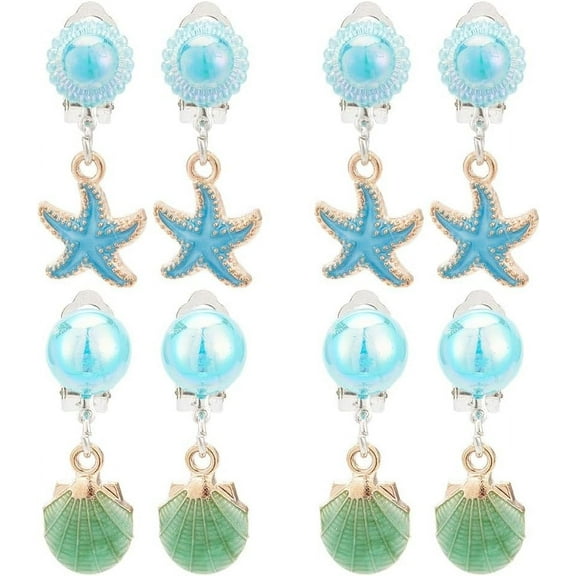 4 Pairs 2 Styles Clip on Earrings Starfish Imitation Shell Enamel Dangle Earrings Ocean Theme Non Piercing Drop Earrings
