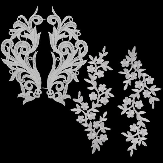 4 Pairs 2 Styles Embroidery Floral Applique White Iron on Patches Beige Sew on Applique Blossom Leaves Lace Fabric Appliques for DIY Sewing Crafts Wedding Clothing Backpacks Embellishments