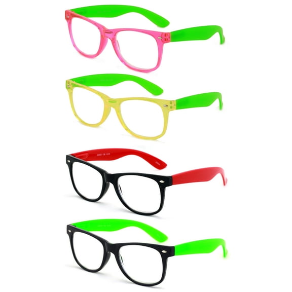 4 Pairs 2 Tone Colorful Fun Reading Glasses - Comfortable Spring Hinge Unisex Clear Readers Neon +2.25
