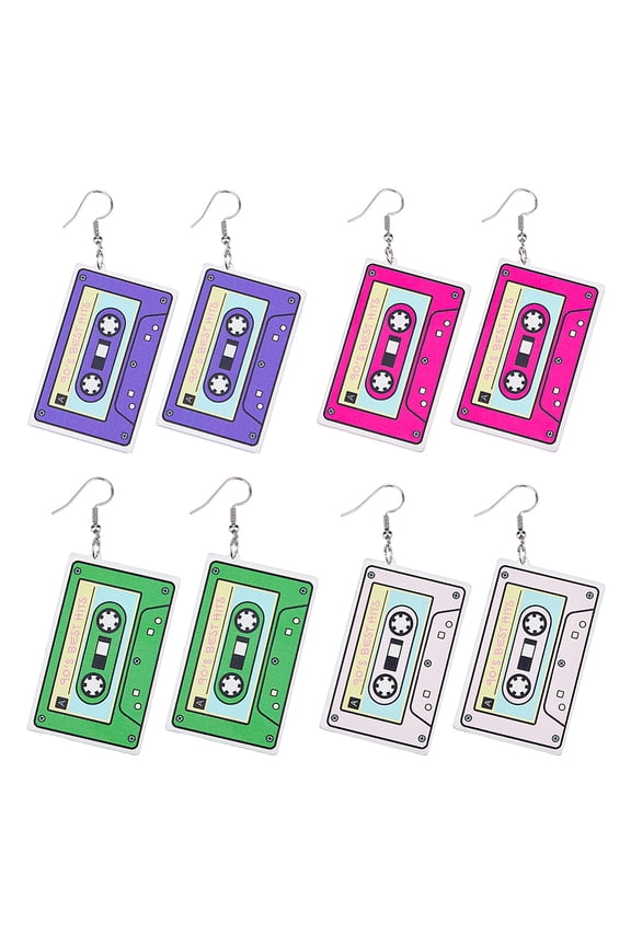 4 Pairs 4 Colors Acrylic Audio Tape Shape Dangle Earrings with 304 Stainless Steel Pins for Women Mixed Color 78x33mm 1 Pair/color DIY