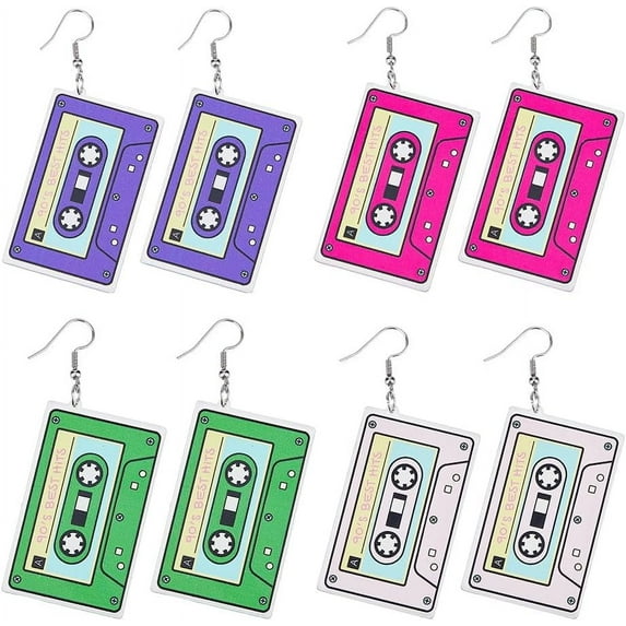 4 Pairs 4 Colors Acrylic Audio Tape Shape Dangle Earrings with 304 Stainless Steel Pins for Women Mixed Color 78x33mm 1 Pair/color