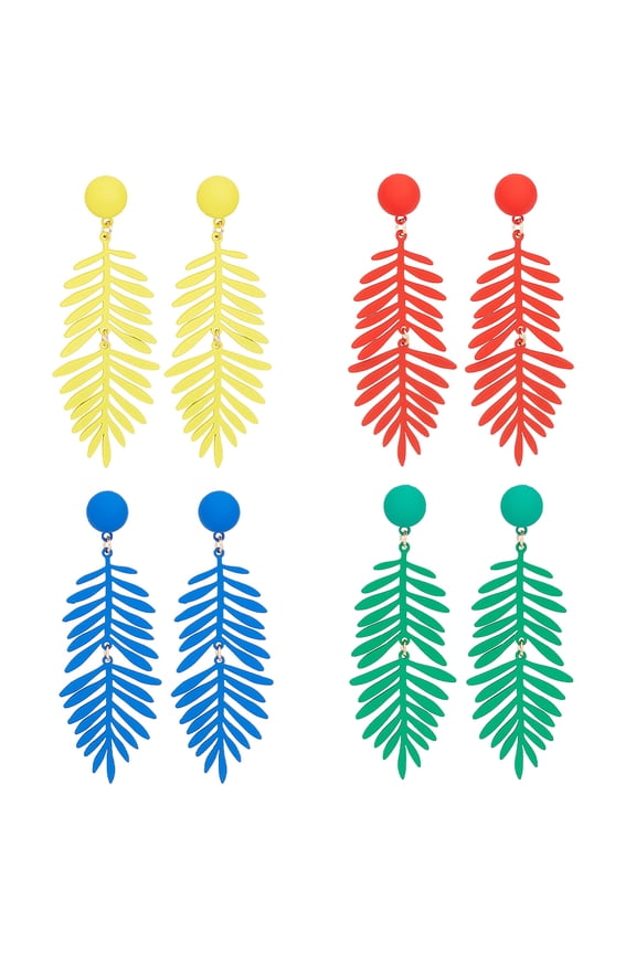 4 Pairs 4 Colors Alloy Leaf Dangle Stud Earrings with 925 Sterling Silver Pins Long Drop Earrings for Women Mixed Color 70mm Pin: 0.8mm