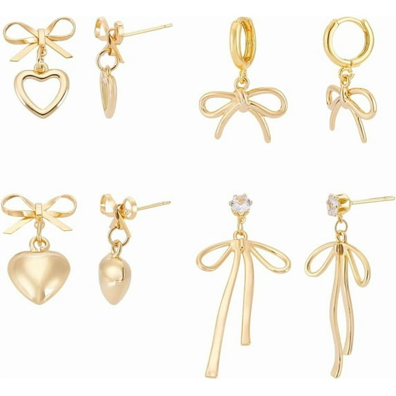 4 Pairs 4 Styles 18K Gold Plated Heart Dangle Earrings Ribbon Stud Earrings for Women Bowknot Dangle Huggie Earrings Sweet Love Dangle Earrings Leverback Earrings for Ladies Golden