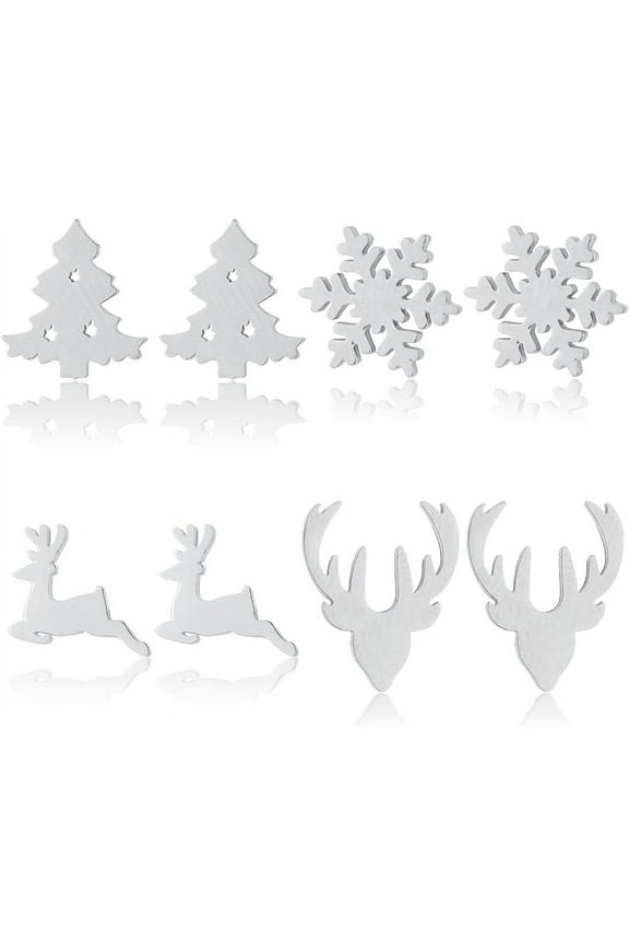 4 Pairs 4 Styles Christmas Stud Earrings Set Cute Deer Head Stud Earrings Christmas Tree and Snowflake Studs Small Animal Post Earring for Birthday Holiday Jewelry Gifts DIY