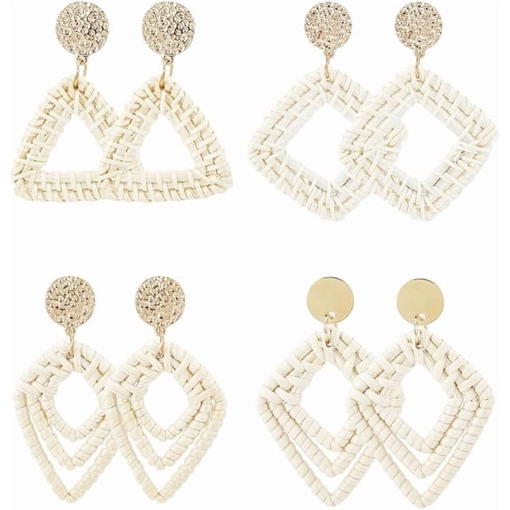 4 Pairs 4 Styles Rattan Earrings Bulk Dangle Boho Earrings Large Rhombu Triangle Woven Tropical Eardrop Accessories Straw Wicker Ear Studs for DIY Making