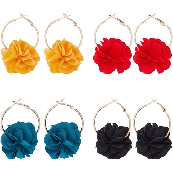 4 Pairs 4 colors 3D Flower Cloth Hoop Earrings Light golden Iron Earrings for Women Mixed color 55~56x35mm 1 pair/color