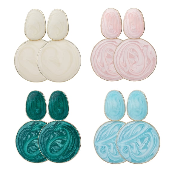4 Pairs 4 colors Alloy Enamel Flat Round Dangle Stud Earrings for Women Mixed color 48x28.5mm 1 pair/color