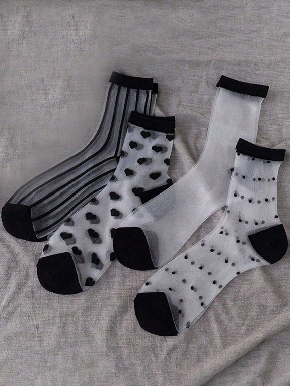 4 Pairs/8 Pairs Women Black & White Series Mesh Mid-Calf Socks, Sheer Crystal Silk Casual Socks, Spring Summer Thin Style