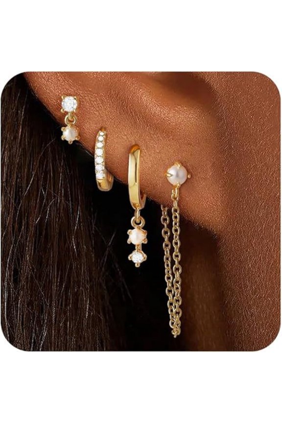 4 Pairs 925 Sterling Silver Dainty Stackable Drop Earring Set, Ins Minimalist Layered Drop Earring Multipack,CZ Stackable Huggie Hoop & Stud Earrings Set Trendy Fashion Jewelry Gift for Her