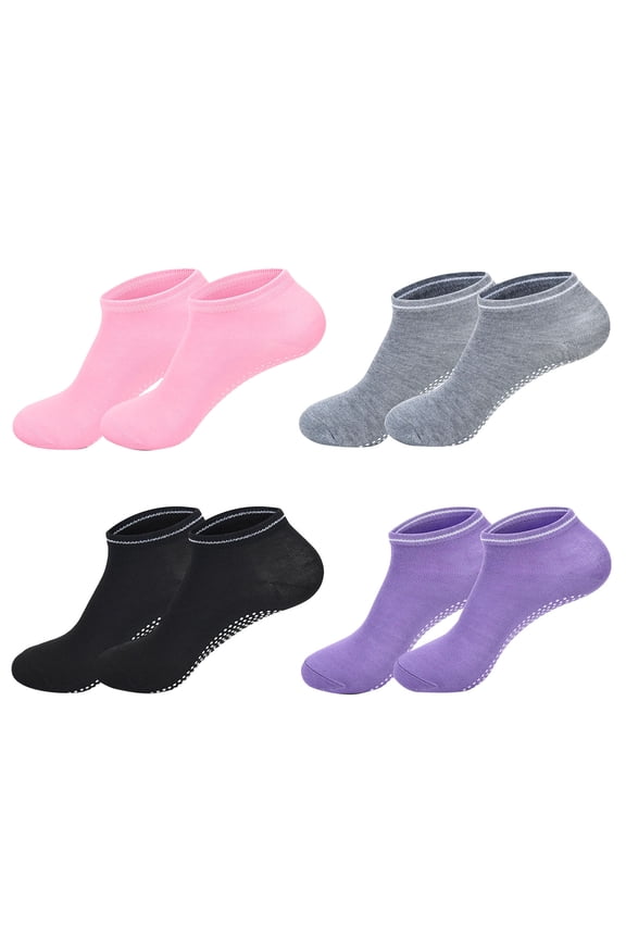 4 Pairs Anti Cotton Socks with Grips Sticky Bottom for Adult Women Yoga Trampoline Home Athletic Elderly Pregnancy Non-Skid Ankle Socks