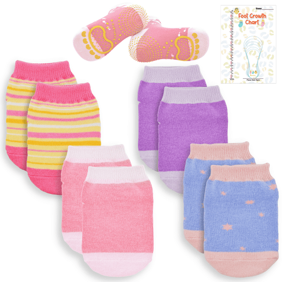 4 Pairs Anti Slip Silicon Grip Socks, 3 Sizes For 1-7 Years Baby, Toddler, Kid (Pink, M)
