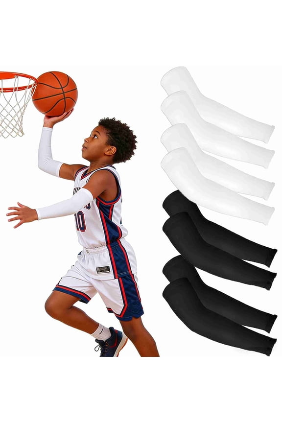 4 Pairs Arm Sleeves for Kids, Reusable and Comfortable Sun Protection Cooling Compression Sleeves for Boys and Girls(Black&White)