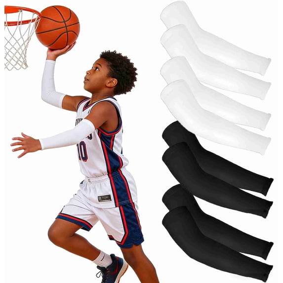 4 Pairs Arm Sleeves for Kids, Reusable and Comfortable Sun Protection Cooling Compression Sleeves for Boys and Girls(Black&White)