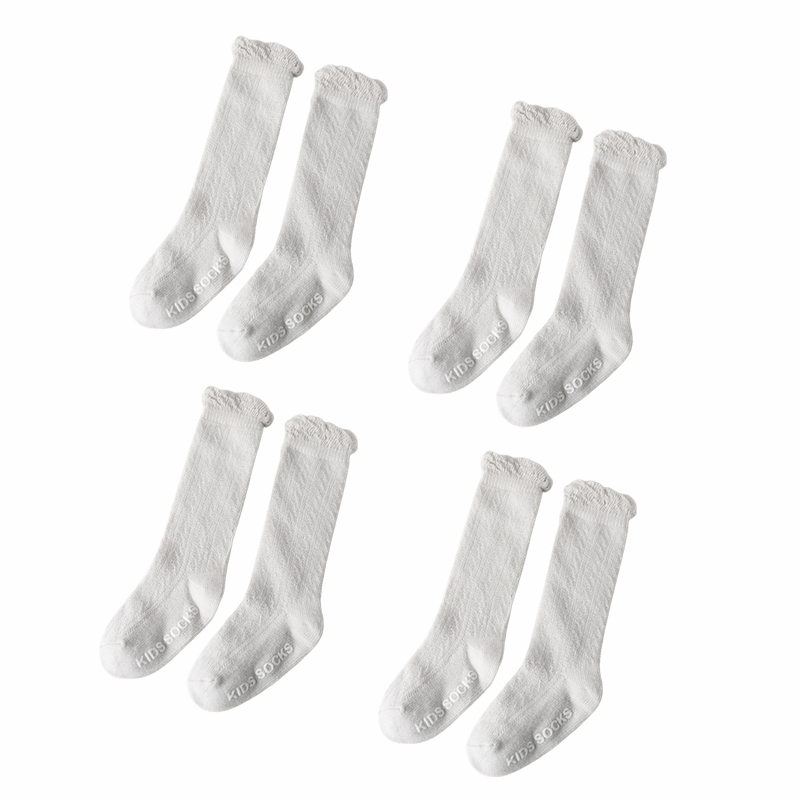 4 Pairs Girls Toddlers Cotton Socks Knee High Hollow Out Ruffle Socks