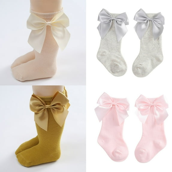4 Pairs Baby Girls Knee High Socks with Bow Long Stockings Infants Toddlers Ruffled Socks School Uniform Leggings 0-3Y