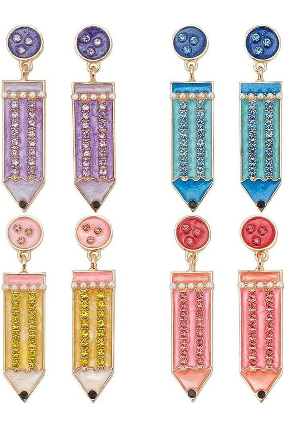 4 Pairs Beaded Pencil Earrings Teacher Earrings for Women Rhinestone Dangle Drop Earrings Colorful Stud Earrings Teacher Appreciation Gift Back to School Piercing Jewelry Set