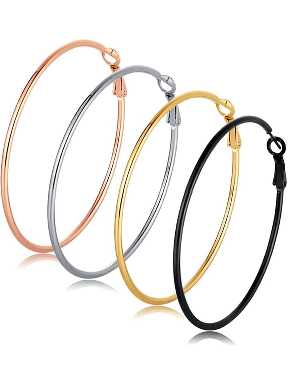 4 Pairs Big Hoop Earrings for Women, 316L Stainless Steel Hypoallergenic Hoop Earrings Silver Plated 14K Gold Plated Rose Gold Plated Black Gold Plated Earrings Set