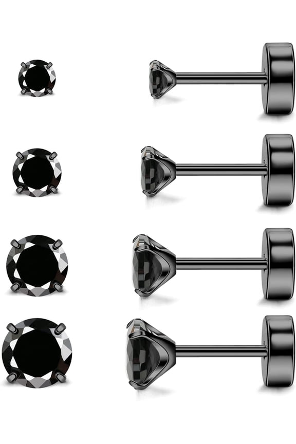 4 Pairs Black Cubic Zirconia Screw Back Stud Earrings Multipack, Hypoallergenic Stainless Steel Cartilage Piercing Studs for Lobe Helix Tragus