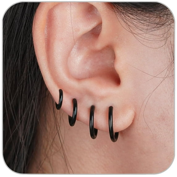 4 Pairs Black Earrings for Men Women, 316L Surgical Stainless Steel Small Hoop Earrings Hypoallergenic Non Tarnish Cartilage Hoop Earrings for Multiple Piercing Huggie Hoop Earrings Jewelry (Black)