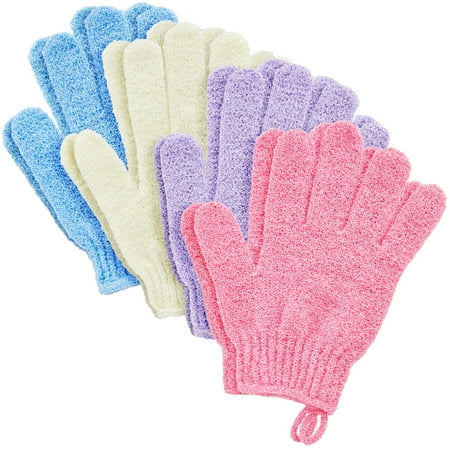 4 Pairs Body Exfoliating Gloves for Shower, Bath Scrub Wash Mitt for Women, Men, Spa, Massage (Pink, Purple, Blue, Beige)