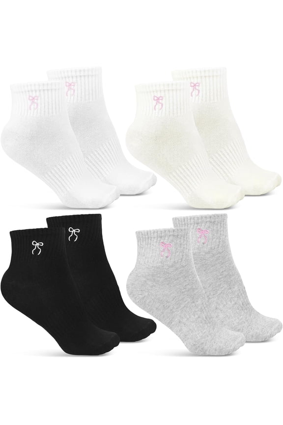 4 Pairs Bow Socks Women Coquette Crew Cotton Socks with Embroidered Bow for Ladies Bridesmaid Birthday Party Gifts