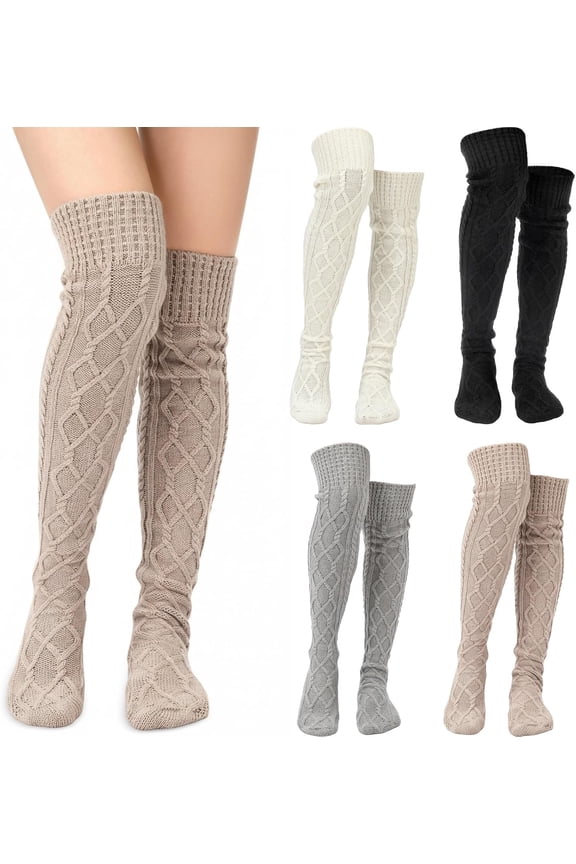 4 Pairs Cable Knit Knee High Socks for Women Long Boot Stockings Socks, Long Warm Leg Warmers Winter