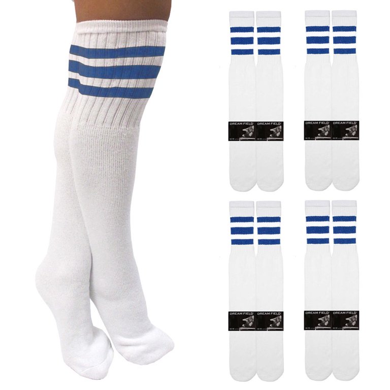 4 Pairs Casual Knee High White Tube Socks Long Athletic Blue Stripe Sports  10-15 