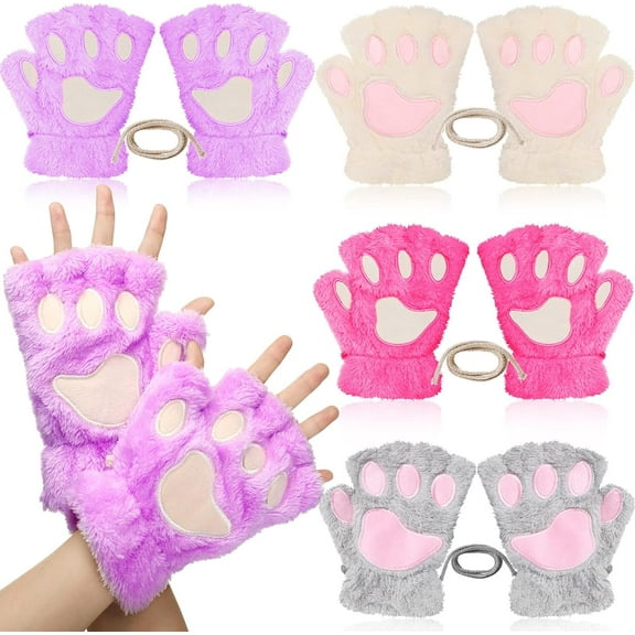 4 Pairs Cat Paw Gloves Fingerless Gloves Mittens Half Finger Paw Gloves Winter Plush Gloves for Kids Adult Cosplay