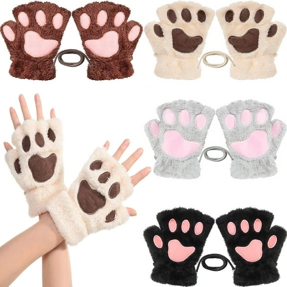 4 Pairs Cat Paw Gloves Fingerless Gloves Mittens Half Finger Paw Gloves Winter Plush Gloves for Kids Adult Cosplay