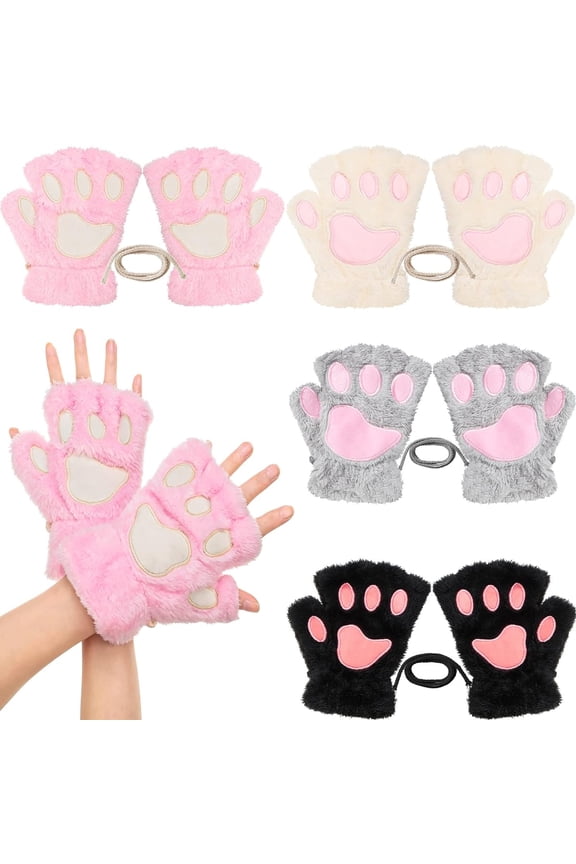 4 Pairs Cat Paw Gloves Fingerless Gloves Mittens Half Finger Paw Gloves Winter Plush Gloves for Kids Adult Cosplay