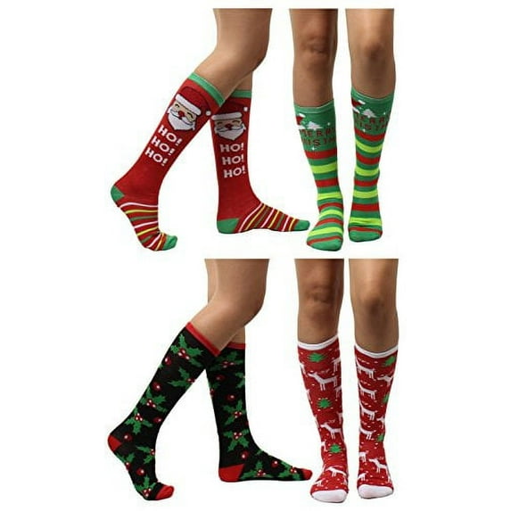 4 Pairs Christmas Holiday Knee High Socks,Assorted Colors & Designs Womens Size: 9-11