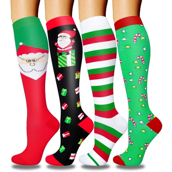 4 Pairs Christmas Medical Sport Compression Socks - 15-20mmhg Graduated Knee-High Support for Men & Women, Ideal for Soccer, Running, and Nurses